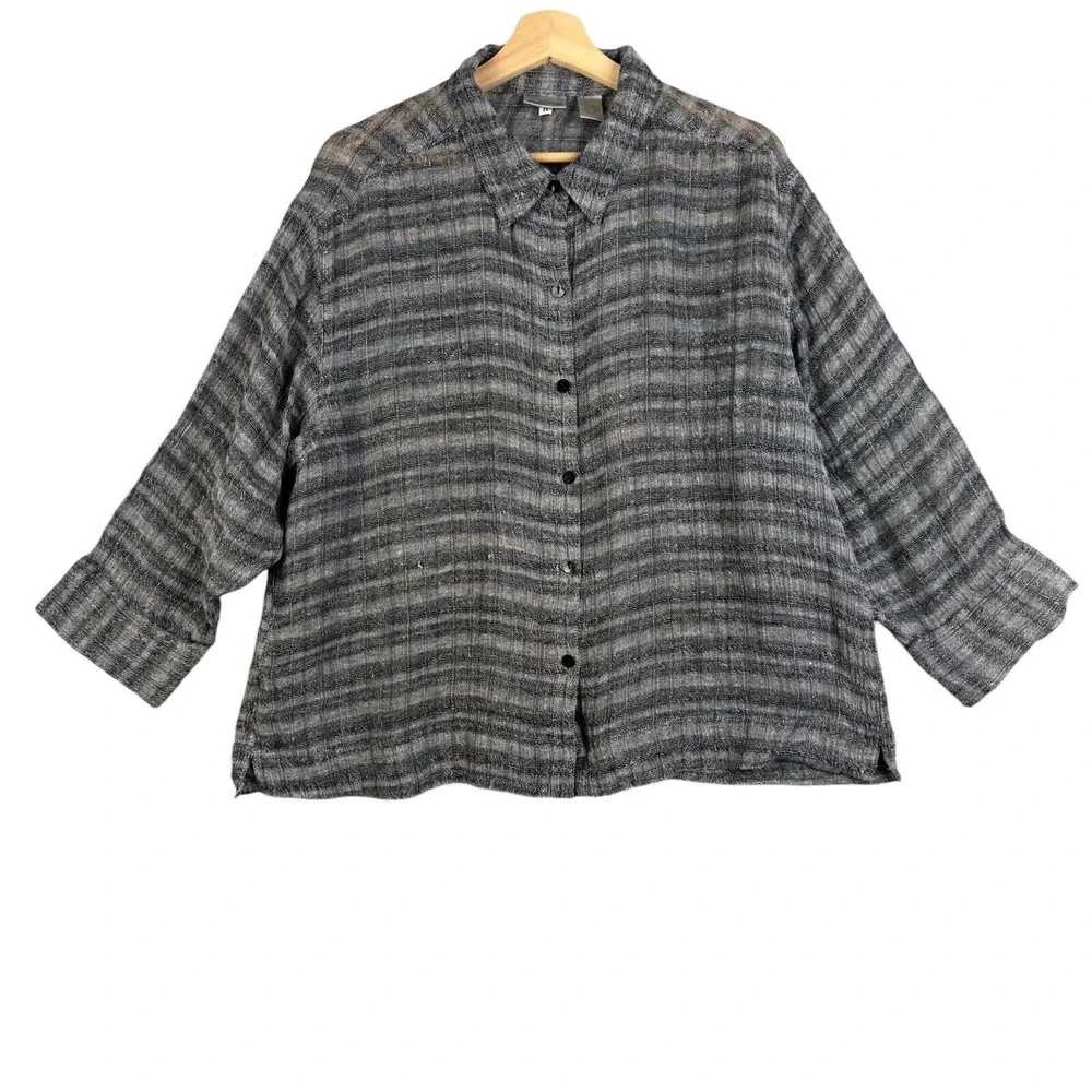 Chico's Shirt Blouse Women Sz‎ 3 Linen Metallic Gray Striped Knit 3/4 sleeve Top